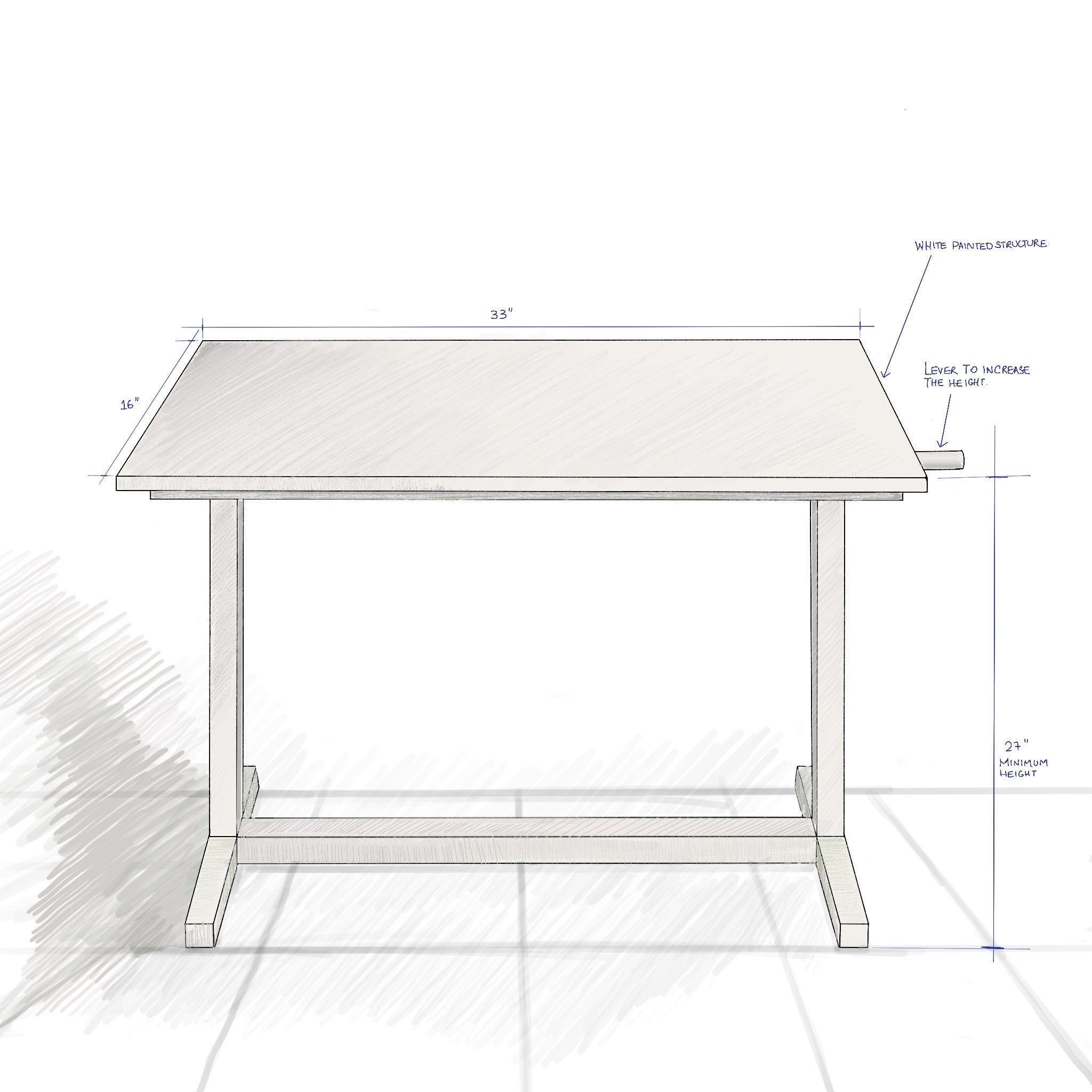 Whyte adjustable height working table - lower back health - front sketch