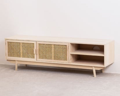 A beige Abbey Cane Cabinet with cane panel inserts, featuring multiple compartments and an open shelf, set against a neutral background.